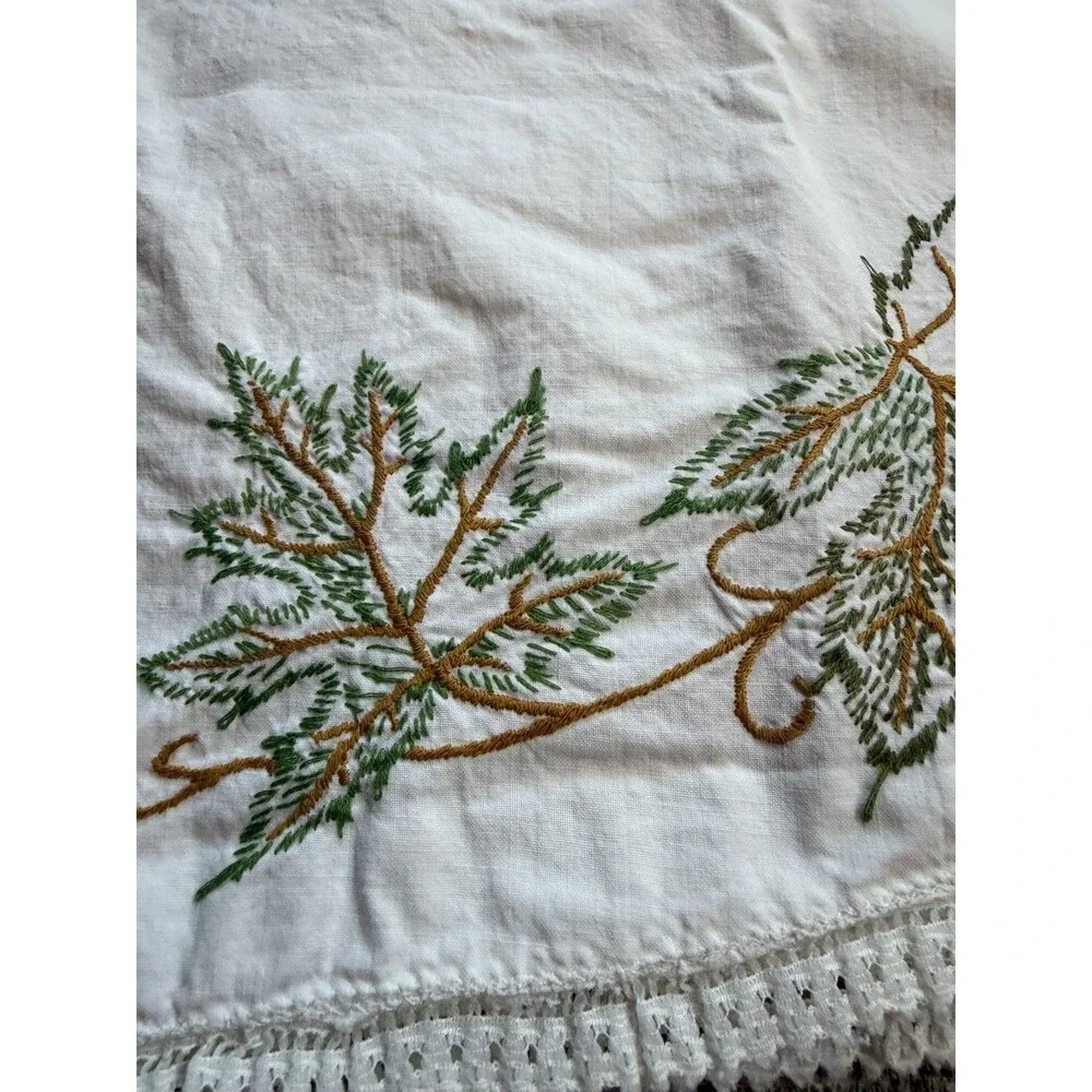 Vintage Embroidered PillowCase Green Floral Fall Foliage Standard Size